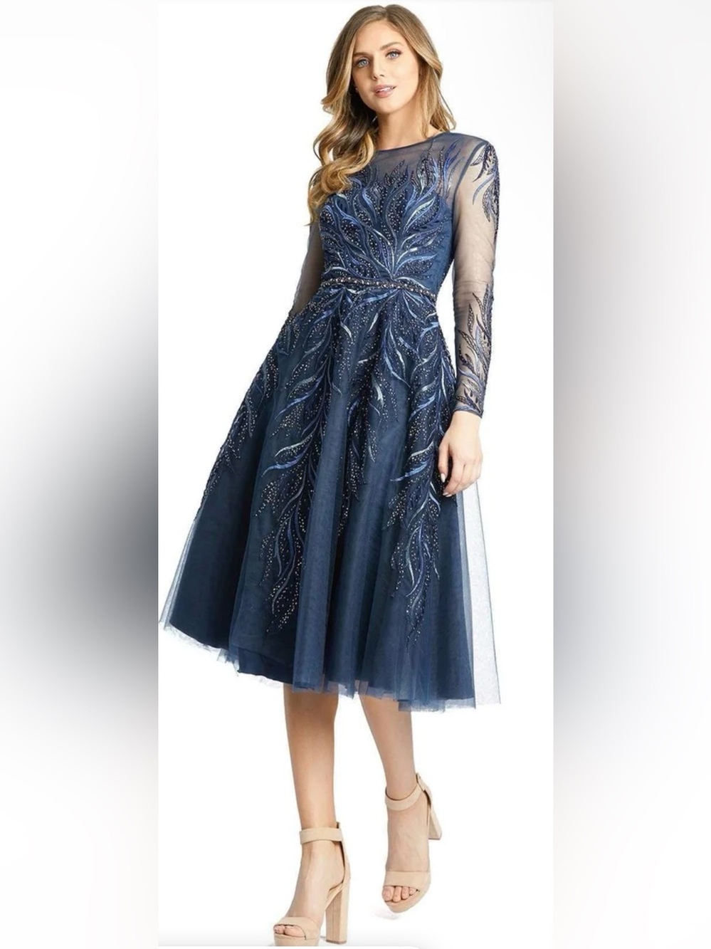 Mac Duggal - A11136 Embellished Tea-Length Illusion Cocktail Dress - Size 4